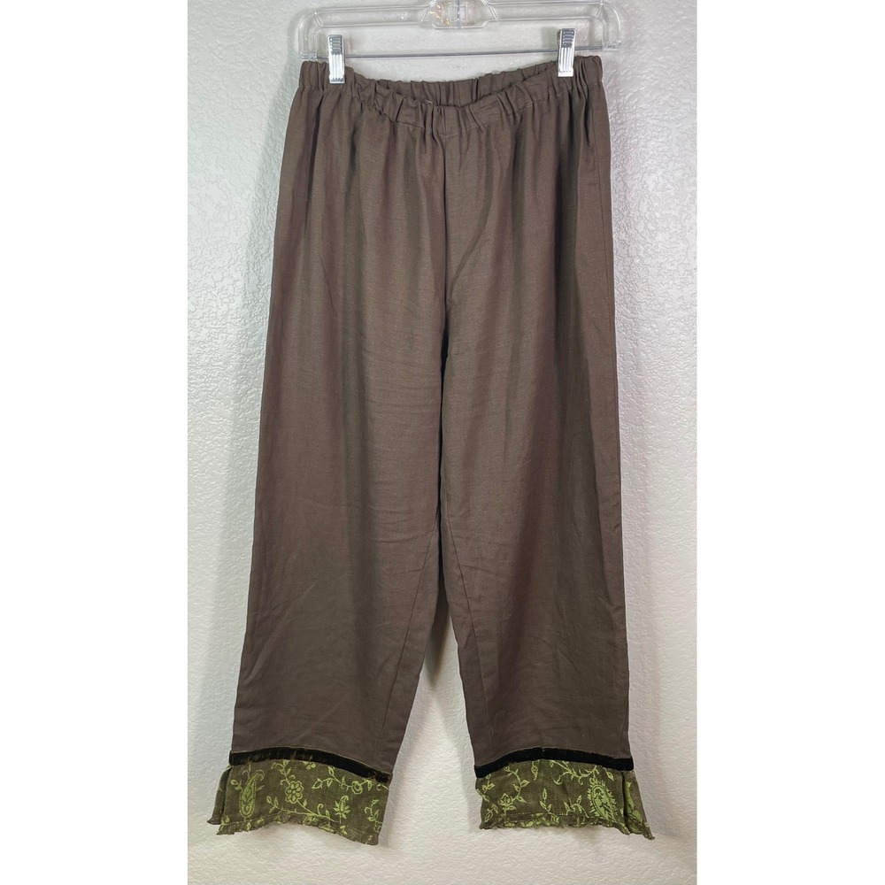 Cottage Clothing Inc Womens S Pants Brown Linen Floral Velvet Trim Wide Leg Boho